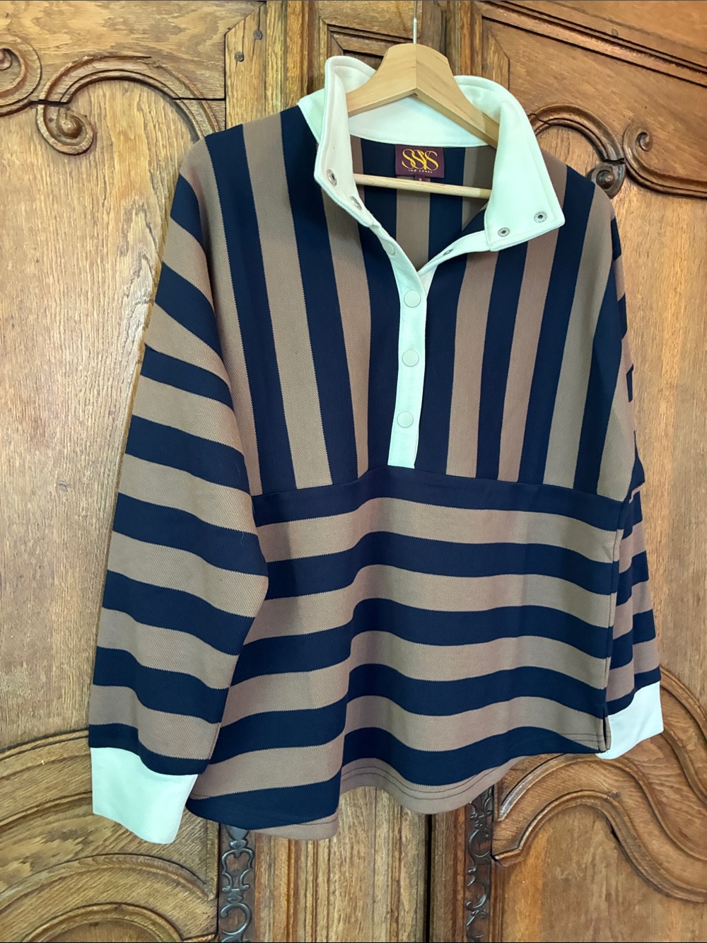 SSYS Landon Color Block Stripe Rugby Top in Mocha Navy - Picture 4 of 8
